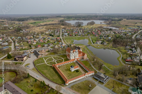 Aerial spring view of sunny Tytuvėnai Monastery, Lithuania