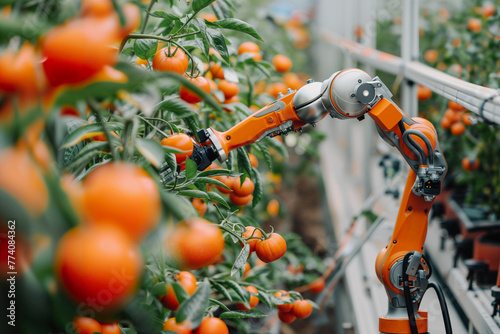 Advanced robotic arm picking tomatoes in high-tech greenhouse. Generative AI photo