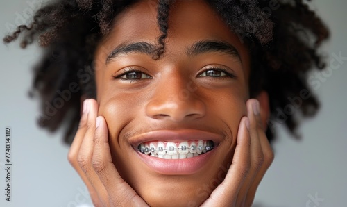 A smiling young man with transparent correctional braces photo