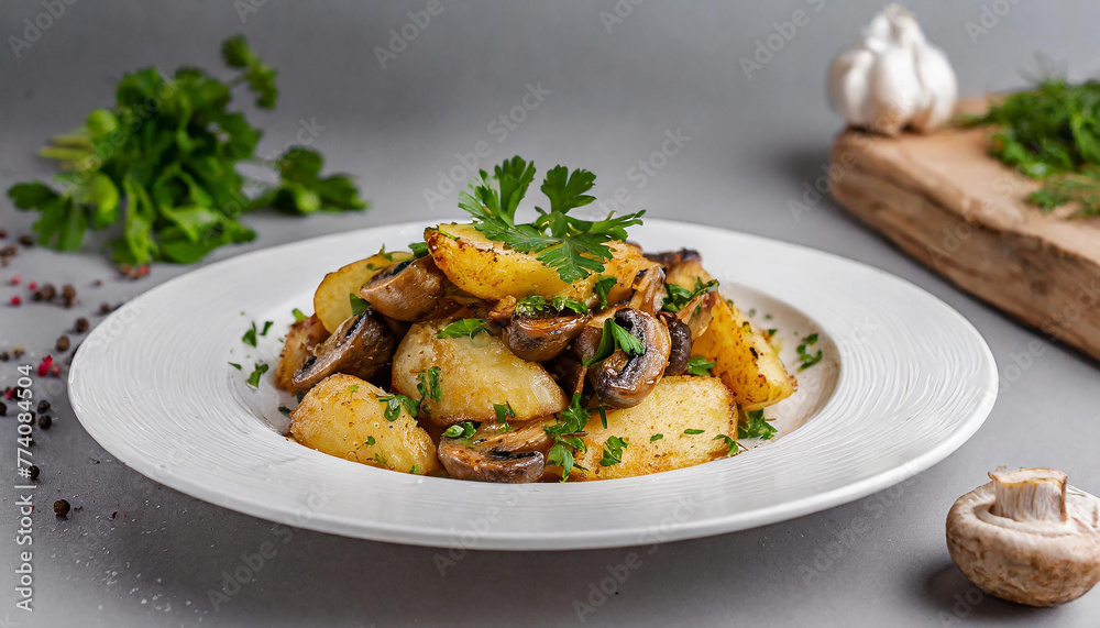 Plate with fried potatoes and mushrooms. Green parsley. Tasty food. Delicious restaurant dish. Dark table. Plate with fried potatoes and mushrooms. Green parsley. Tasty food. Delicious restaurant dish. Dark table.