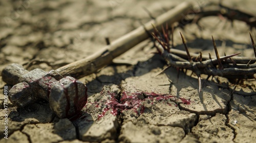 Hammer, bloody nails and crown of thorns placed on arid, cracked ground