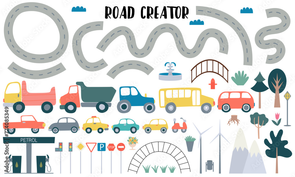 Road creator kids collection. Set of cute vehicles and road signs. Hand drawn transport set for kids design