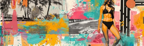 pop art collage of a female full body with trendy bikini in abstract nostalgic seascape, urban scene, summer mood