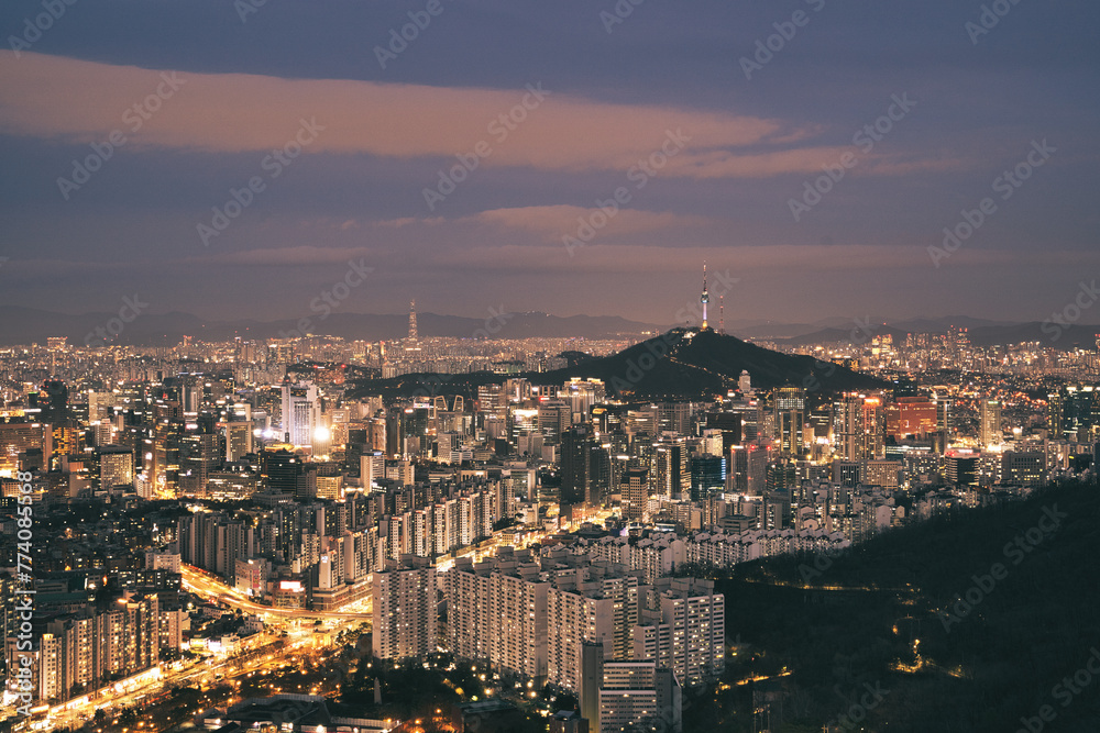 Stunning Night View of urban Seoul City from the Mountain Top