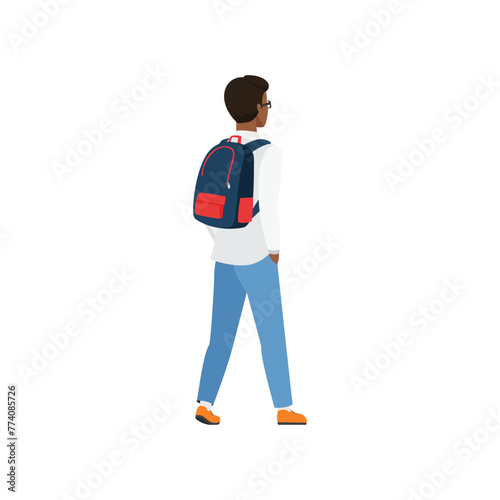 Back view of walking student character. Student boy with university backpack flat vector illustration