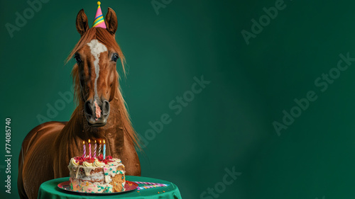 A horse wearing a birthday hat in front of a birthday cake isolated on green background photo