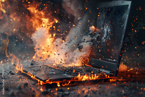 a dell laptop shattering into a thousand pieces and lighting on fire photo