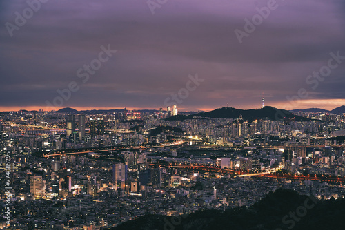 Stunning Night View of urban Seoul City from the Mountain Top