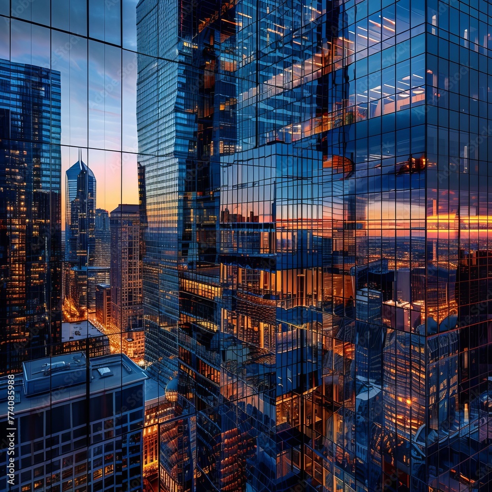 High-rise buildings, cityscape, modern architecture, sunset sky, urban skyline, glass curtain walls, skyscrapers, reflection in windows, office lights on inside, business district. High-resolution pho High-rise buildings, cityscape, modern architecture, sunset sky, urban skyline, glass curtain walls, skyscrapers, reflection in windows, office lights on inside, business district. High-resolution pho