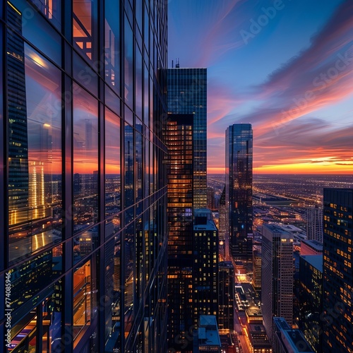 High-rise buildings  cityscape  modern architecture  sunset sky  urban skyline  glass curtain walls  skyscrapers  reflection in windows  office lights on inside  business district. High-resolution pho