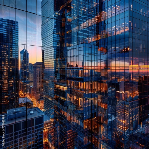 High-rise buildings, cityscape, modern architecture, sunset sky, urban skyline, glass curtain walls, skyscrapers, reflection in windows, office lights on inside, business district. High-resolution pho