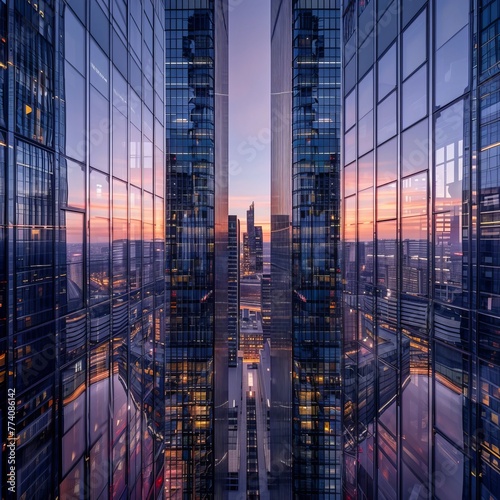 High-rise buildings, cityscape, modern architecture, sunset sky, urban skyline, glass curtain walls, skyscrapers, reflection in windows, office lights on inside, business district. High-resolution pho