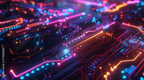 Vibrant glowing circuit board with intricate pathways and electronic components, representing technology and computing. © Moopingz