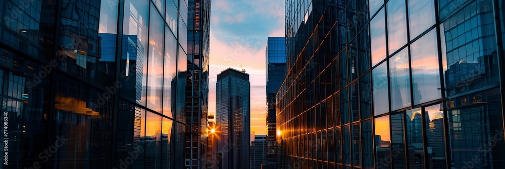 High-rise buildings, cityscape, modern architecture, sunset sky, urban ...