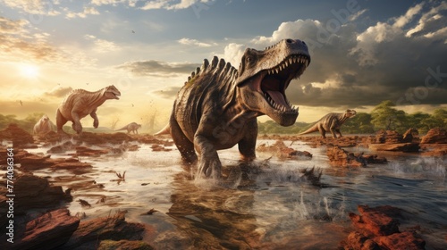 Phanerozoic Era, dinosaurs and birds in nature at sunset. The world of the Jurassic Period, Primitive Living creatures, Animals living Many centuries before our era.