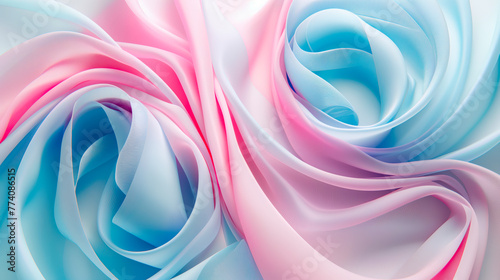 Abstract and dynamic roselike swirls created by pink and blue  textured fabric, a soft and flexible, swirling and twisting design