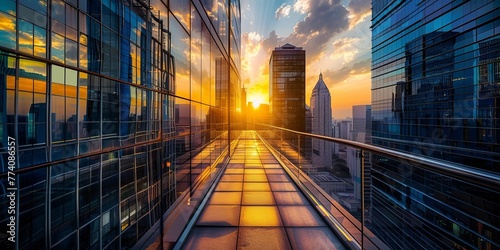 High-rise buildings  cityscape  modern architecture  sunset sky  urban skyline  glass curtain walls  skyscrapers  reflection in windows  office lights on inside  business district. High-resolution pho