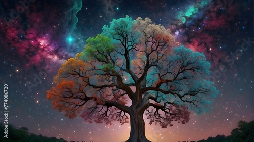 enormous trees of life mix with stars and colorful colored galaxies in 3D generative artificial intelligence. photo