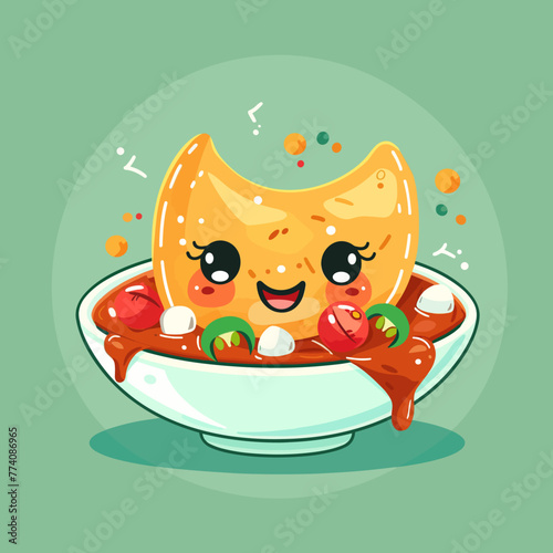 Nachos with tomato sauce and cheese in bowl vector illustration. Chilaquiles fried tortilla slices
