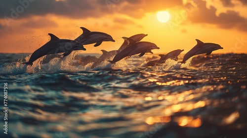 Pod of dolphins jumping in ocean at sunset