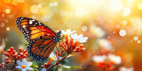 Monarch butterfly on flower with bokeh lights