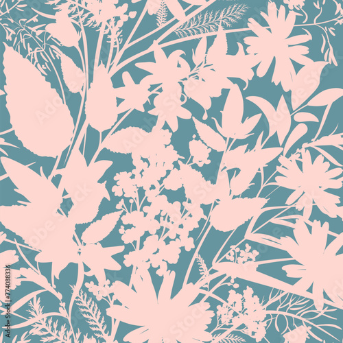 Seamless pattern with pink flowers - Chamomilla, Campanula, Achillea Millefolium and grass isolated on the blue background. Hand-drawn illustrations of wildflowers. 