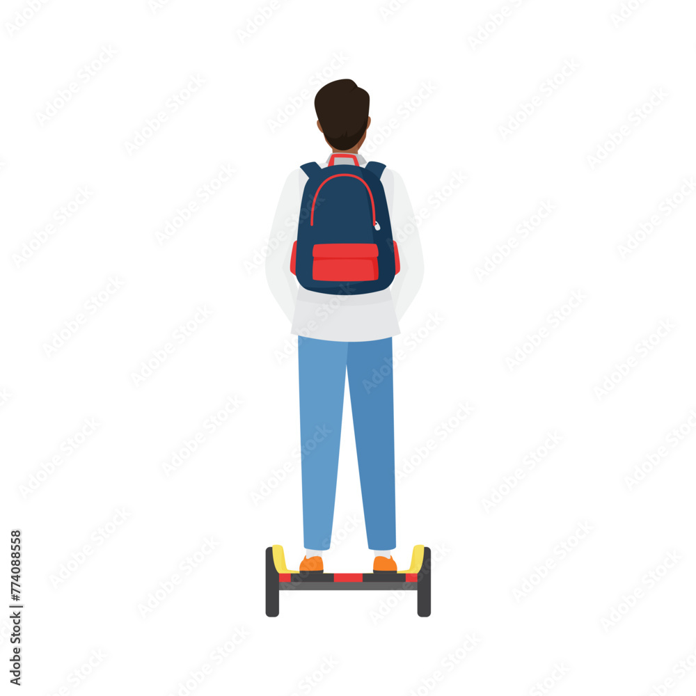 Back view of student character on hoverboard. Student boy with backpack flat vector illustration
