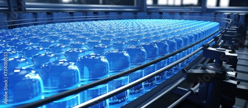 blue PE water storage tank or PEA bottle on production line of conveyor belt at beverage filling machine