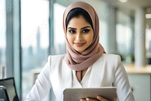 Khaleej, gulf, hijab Businesswoman holding a tablet at office photo