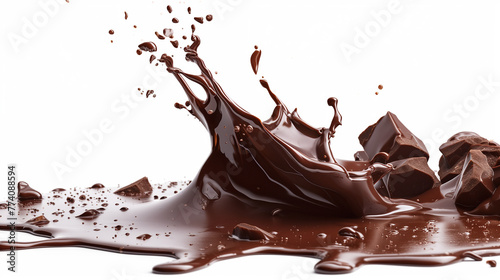chocolate splash isolated on white background. Liquid chocolate crown splash with pour stream. splash of brownish hot coffee or chocolate isolated, Ai generated