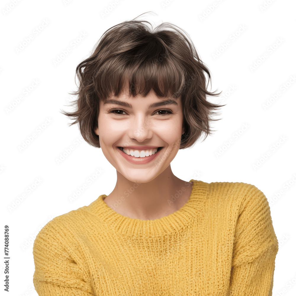 portrait of a smiling woman with short hair wearing yellow sweater isolated on transparent background