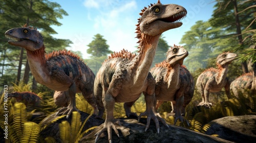 A group of dinosaurs are standing on a rock in a forest