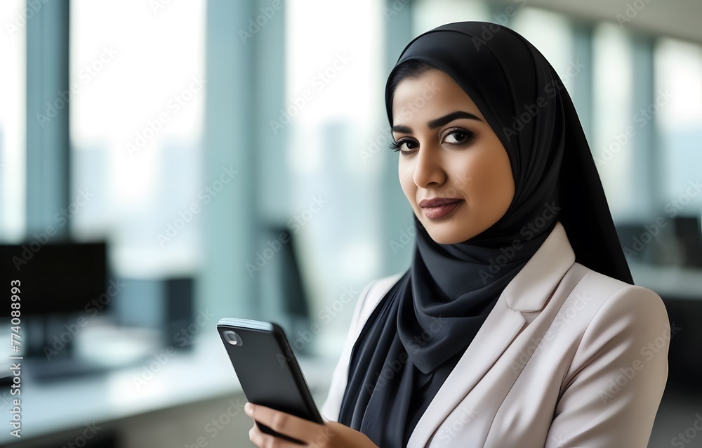 Khaleej, gulf, hijab Businesswoman holding phone at office Khaleej, gulf, hijab Businesswoman holding phone at office