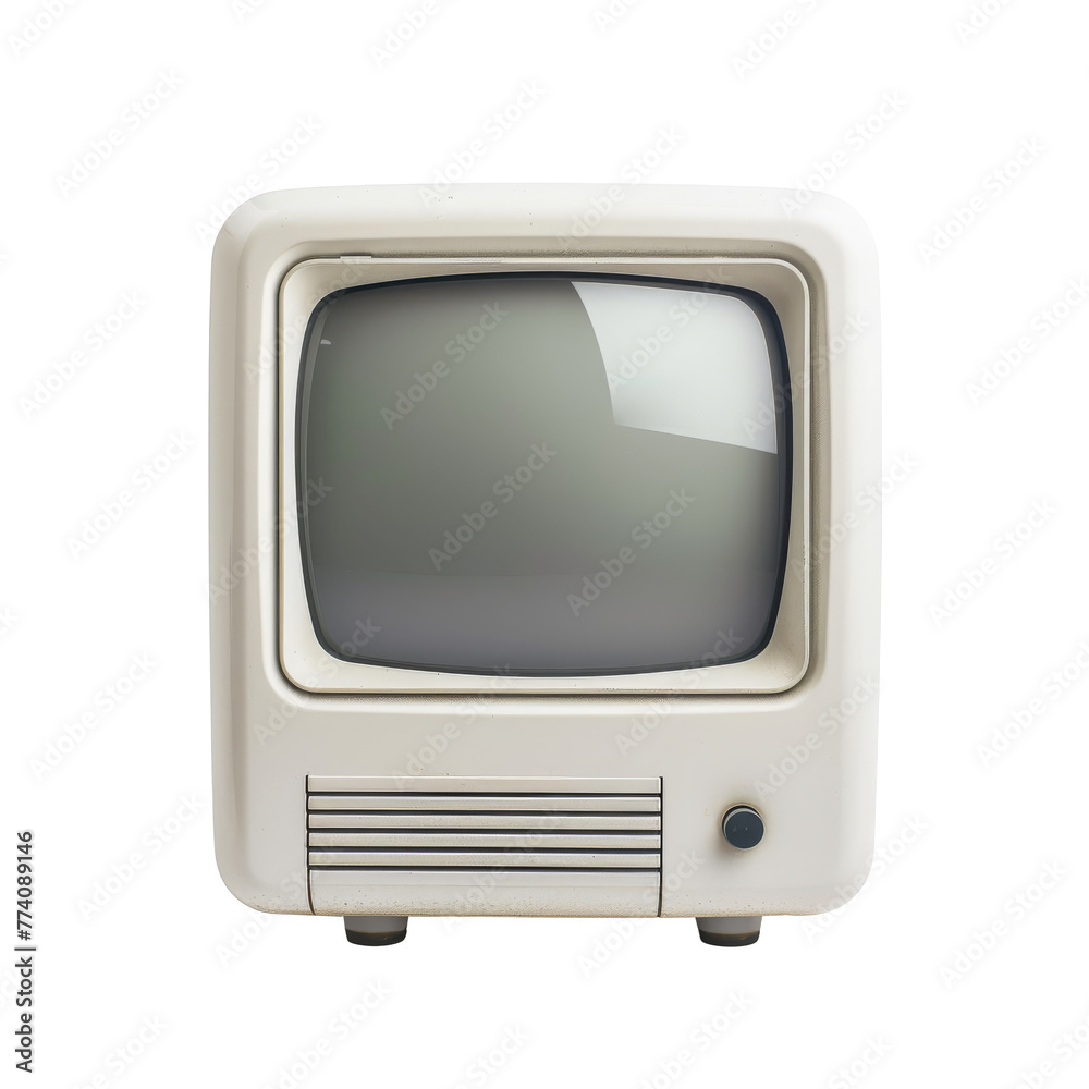 Vintage white portable television on transparent background
