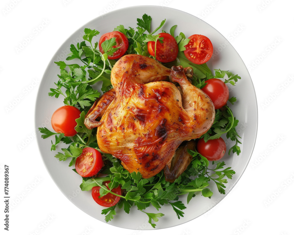 roasted chiken on the plate isolated on transparent background roasted chiken on the plate isolated on transparent background