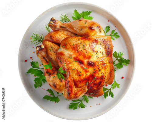 roasted chiken on the plate isolated on transparent background