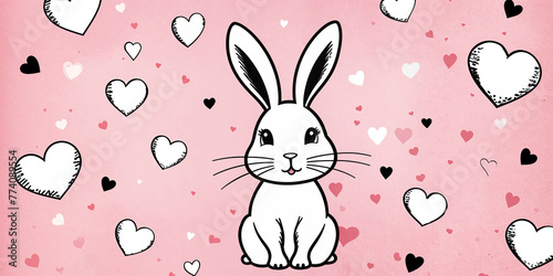 Cute white bunny rabbit radiating lots of heartfelt love, minimal pink backdrop outline drawing of endearment and affection.  