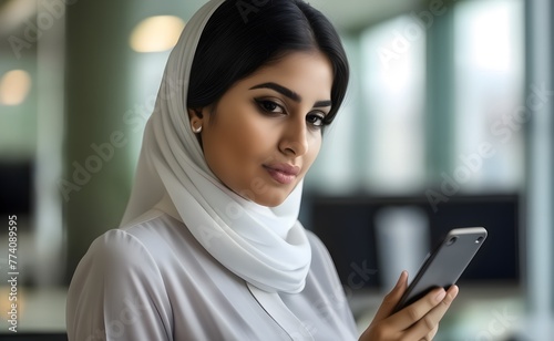 Khaleej, gulf, hijab Businesswoman holding phone at office and looking to camera photo