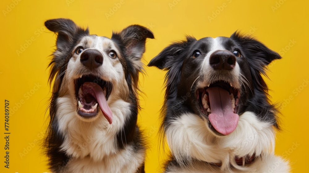 Two Border Collies with joyful expressions on a yellow backdrop, Concept of playfulness and happiness in pets
