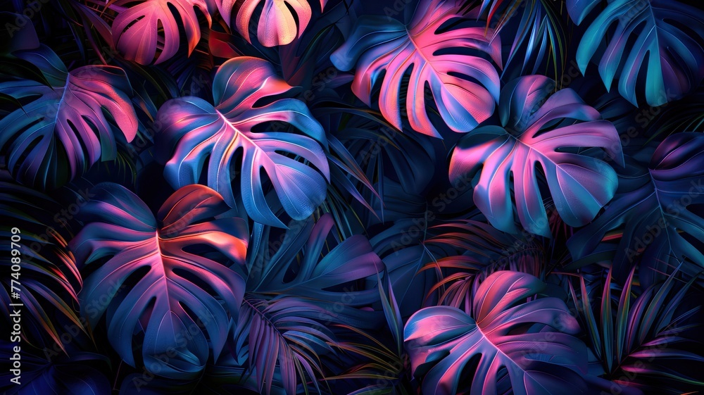 Vibrant neon light backlighting on dark green tropical leaves Vibrant neon light backlighting on dark green tropical leaves