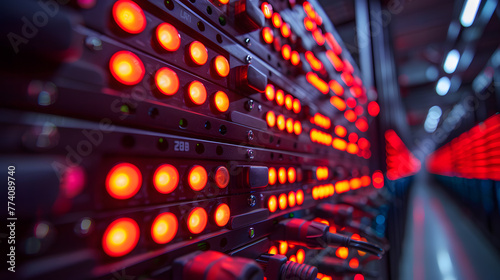 A server rack, with orderly rows of blinking lights as the background, during a maintenance routine