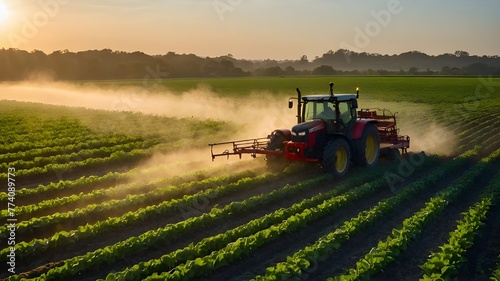 A scene depicting early morning farming activity where a tractor is spraying pesticides over a lush crop field, with the sunrise in the backdrop.