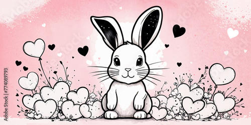 Cute white bunny rabbit radiating lots of heartfelt love, minimal pink backdrop outline drawing of endearment and affection.   photo