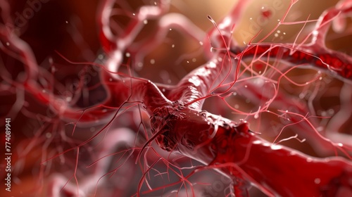 A 3D model of blood vessels with hypertension-related damage, showcasing thickened arterial walls. photo