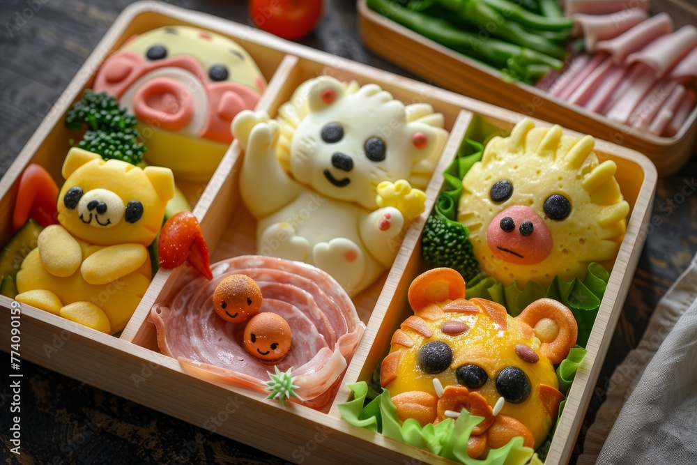 A wooden box holds an assortment of food items, including animal-shaped treats