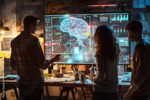 A group of individuals standing in front of a computer screen, engaged in a commercial photography brain-mapping session to visualize creative ideas