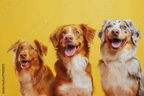 Three cheerful dogs posing against a yellow backdrop, showcasing a sense of camaraderie and joy - Concept of friendship, diversity, and pets
