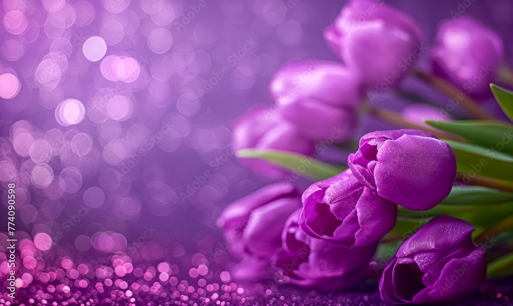 Fototapeta premium Fresh spring tulip flowers as a holiday postcard design blurred background. Space for text