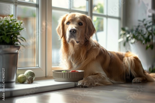 A dog sitting on the floor next to a bowl of food, ready to eat
