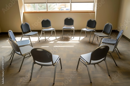 A circle of chairs set up in a room with a window, possibly for a support group meeting